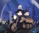  2girls aircraft airplane black_hair blonde_hair blue_eyes brodie_helmet chito_(shoujo_shuumatsu_ryokou) cigarette commentary_request driving eyewear_on_head fish fur_trim glasses gloves hat helmet highres kabayaki_namazu kanazawa_(shoujo_shuumatsu_ryokou) kettenkrad military military_hat military_uniform multiple_girls nuko_(shoujo_shuumatsu_ryokou) open_mouth pointing shoujo_shuumatsu_ryokou smile smoking snowing stahlhelm statue uniform yuuri_(shoujo_shuumatsu_ryokou) 