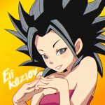  1girl artist_request bare_shoulders black_eyes black_hair breasts caulifla dragon_ball dragon_ball_super female simple_background smile solo spiked_hair 