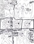  2015 alphys angry anthro bed bedroom black_and_white blush breasts claws collar comic dialogue duo english_text eyewear female female/female flat_chested glasses hi_res leash marine misunderstanding monochrome nipples nude pen_(artwork) pussy reptile scalie small_breasts smile teeth text toe_claws traditional_media_(artwork) undertaild undertale undyne video_games 