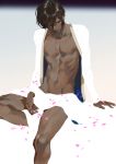  arjuna_(fate/grand_order) arm_support bangs bare_chest bare_legs black_hair cherry_blossoms closed_mouth collarbone commentary_request dark_skin dark_skinned_male expressionless fate/grand_order fate_(series) feet_out_of_frame hair_between_eyes leg_up long_sleeves looking_away looking_down male_focus male_pubic_hair navel open_clothes parted_bangs petals pubic_hair pubic_hair_peek rei_(sanbonzakura) shiny shiny_hair solo toned toned_male wavy_hair 