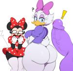  ! 2018 ? avian balls beak big_butt bird blush bottomless breasts butt clothed clothing daisy_duck disney duck female humanoid_penis looking_back male mammal minnie_mouse mouse open_mouth penis rodent simple_background sssonic2 white_background 