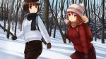  akatsuki_miho akemiho_tabi_nikki backpack bag black_hair blue_eyes brown_hair coat day down_jacket fukube_tamaki gloves hat highres kouno_hikaru looking_at_another multiple_girls outdoors red_eyes scarf short_hair skirt snow visible_air walking 