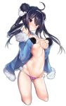  3: ass_visible_through_thighs azur_lane bangs bare_shoulders bikini_bottom black_hair blue_jacket blush breasts closed_mouth covering covering_breasts cowboy_shot cropped_legs double_bun eyebrows_visible_through_hair fur-trimmed_jacket fur_trim groin hair_ornament hairband harenchi head_tilt hip_bones jacket large_breasts long_hair navel ning_hai_(azur_lane) off_shoulder purple_bikini_bottom purple_eyes side_bun simple_background solo twintails underboob very_long_hair white_background white_hairband 
