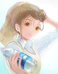  blush bottle brown_eyes brown_hair hand_in_hair high_ponytail holding holding_bottle long_hair looking_at_viewer lyandi original parted_lips school_uniform shirt tan_vest uniform upper_body vest water_bottle white_shirt 