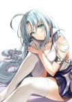  absurdly_long_hair ahoge aqua_eyes armlet bangs blue_hair blue_skirt blush breasts closed_mouth commentary_request cross cross_necklace eyebrows_visible_through_hair gloves highres jewelry kakao_rantan knee_up large_breasts long_hair looking_at_viewer necklace sentouin_haken_shimasu! sidelocks single_glove sitting skirt sleeveless smile snow_(sentouin_haken_shimasu!) solo thighhighs very_long_hair white_background white_gloves white_legwear 