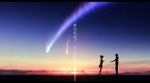  1girl cloud comet commentary diffraction_spikes highres kijineko kimi_no_na_wa miyamizu_mitsuha night night_sky scenery silhouette sky star_(sky) starry_sky tachibana_taki twilight 