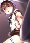  black_ribbon blue_panties blurry breath brown_eyes brown_hair brown_sailor_collar brown_serafuku brown_skirt commentary depth_of_field dutch_angle eyebrows_visible_through_hair from_below from_side hair_ornament hair_ribbon indoors kantai_collection kobamiso_(kobalt) looking_down open_mouth panties panty_pull pleated_skirt ponytail ribbon sailor_collar school_uniform serafuku shikinami_(kantai_collection) shirt short_sleeves sitting skirt solo sweat tied_hair toilet underwear uniform white_shirt 