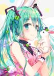  abstract_background animal animal_ears aqua_eyes aqua_hair bangs bare_shoulders black_hat blush bunny bunny_ears bunny_tail closed_mouth clover clover_hair_ornament colored_eyelashes dress eyebrows_visible_through_hair four-leaf_clover four-leaf_clover_hair_ornament green_nails hair_ornament hat hatsune_miku highres holding holding_animal jin_young-in long_hair looking_at_viewer mini_hat mini_top_hat nail_polish neck_ribbon pink_dress pink_neckwear pink_ribbon pom_pom_(clothes) ribbon shiny shiny_hair sleeveless sleeveless_dress smile solo tail top_hat twintails two-handed upper_body vertical-striped_hat very_long_hair vocaloid wrist_cuffs 