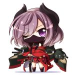  azur_lane bangs black_footwear boots chibi commentary_request curled_horns dress eyebrows_visible_through_hair face_mask hair_between_eyes hands_on_hilt horns japanese_clothes katana kimono kirishima_(azur_lane) long_hair long_sleeves looking_at_viewer mask ninja ninja_mask off_shoulder one_eye_closed own_hands_together purple_eyes purple_hair red_dress red_kimono shachoo. sheath sheathed simple_background solo standing sword weapon white_background wide_sleeves 