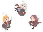  3girls :&lt;&gt; :d ahoge bangs black_coat black_legwear blue_eyes blush bow brown_hair chibi clover_hair_ornament coat diamond_mouth floating grey_hair hair_bow hair_ornament highres kneehighs love_live! love_live!_sunshine!! magic maroon_scarf multiple_girls necktie open_mouth orange_hair outstretched_arms pleated_skirt red_eyes running sakurauchi_riko scarf short_hair simple_background skirt sleeves_past_wrists smile speed_lines standing striped striped_scarf sweat takami_chika v-shaped_eyebrows wand watanabe_you white_background wide_sleeves yellow_bow yellow_eyes 