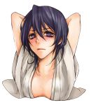  arms_behind_back arms_up black_hair bleach blush breasts cleavage collarbone cropped_torso grey_kimono hair_between_eyes japanese_clothes kimono kuchiki_rukia looking_at_viewer mokichi0804 open_clothes open_kimono purple_eyes short_hair simple_background small_breasts solo upper_body white_background 