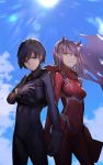  1girl absurdres bangs black_hair blue_eyes blue_sky bodysuit breasts cloud commentary_request covered_navel darling_in_the_franxx day fixro2n green_eyes hairband highres hiro_(darling_in_the_franxx) holding_hands horns lens_flare long_hair looking_at_viewer pilot_suit pink_hair red_bodysuit short_hair sky small_breasts smile standing sun white_hairband zero_two_(darling_in_the_franxx) 