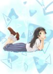  black_hair blue_background blue_skirt brown_footwear flower full_body green_eyes grin hair_flower hair_ornament hands_on_own_face highres loafers long_hair long_skirt looking_at_viewer loose_socks lying on_stomach pleated_skirt red_neckwear sakugawa_school_uniform saten_ruiko school_uniform serafuku shoes skirt smile solo to_aru_kagaku_no_railgun to_aru_majutsu_no_index white_legwear yuuki_(qgbugtbhbxn5ts9) 