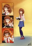  2016 abstract_background animal_humanoid arachnid arthropod blush book breasts brown_hair clothing comic eyewear female footwear glasses hair humanoid long_hair minori open_mouth shirt shoes skirt solo standing surprise transformation witchfiend 