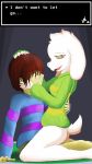  ambiguous_gender anthro asriel_dreemurr beige_skin boss_monster brown_hair caprine clothing crossgender dialogue duo english_text female fur goat green_eyes grey_background hair human mammal protagonist_(undertale) shirt simple_background text undertale video_games white_fur yellow_eyes 