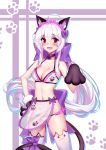  ahoge animal_ears blush bow breasts cat_ears cat_paws cat_tail choker commentary_request hair_bow highres large_breasts long_hair navel paws ponytail red_eyes silver_hair solo swimsuit tail thighhighs very_long_hair vocaloid wu_yao_jun yowane_haku 