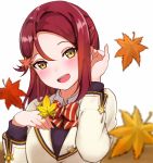  :d autumn_leaves badge blush bow bowtie button_badge hair_ornament hair_tucking half_updo hands_up highres holding holding_leaf leaf leaf_hair_ornament long_sleeves looking_at_viewer love_live! love_live!_sunshine!! mia_(fai1510) open_mouth pinky_out red_hair red_neckwear sakurauchi_riko smile solo striped striped_neckwear white_background yellow_eyes 