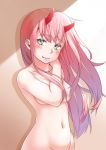  bangs blush breasts closed_mouth collarbone commentary_request convenient_arm darling_in_the_franxx eyebrows_visible_through_hair fang fang_out green_eyes groin hair_censor hair_over_one_breast head_tilt highres horns kyabe_tsuka large_breasts long_hair navel nude out-of-frame_censoring pink_hair smile solo very_long_hair zero_two_(darling_in_the_franxx) 
