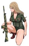  1girl battle_rifle blonde_hair blue_eyes boots breast_pocket breasts brown_footwear camouflage camouflage_shirt cleavage commentary_request cross-laced_footwear fingernails fn_fal full_body green_shorts gun holding holding_gun holding_weapon kneeling lace-up_boots large_breasts lips long_hair looking_to_the_side magazine military military_uniform open_clothes open_mouth open_shirt original pocket rhodesian_light_infantry rifle short_sleeves shorts simple_background sleeves_rolled_up solo straight_hair thick_thighs thighs uniform weapon white_background 