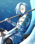  blue_hair bubble cimeri feathered_wings fire_emblem fire_emblem_heroes fire_emblem_if gloves hair_over_one_eye male_focus naginata open_mouth polearm shigure_(fire_emblem_if) solo weapon wings yellow_eyes 