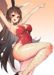  animal_ears armpits bangs bare_shoulders black_hair blush breasts bunny_ears bunny_tail bunnysuit cleavage commentary covered_navel covered_nipples detached_collar fake_animal_ears fake_tail fishnet_legwear fishnets iris_yuma korean korean_commentary large_breasts leotard long_hair looking_at_viewer open_mouth partially_translated red_eyes red_leotard shiny shiny_clothes shiny_skin simple_background solo soul_worker standing standing_on_one_leg strapless strapless_leotard suerte tail translation_request 