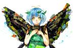  antennae bangs blue_hair butterfly_wings commentary_request dress eternity_larva green_dress hair_ornament highres leaf leaf_on_head looking_at_viewer sano_naoi short_hair short_sleeves simple_background smile solo touhou white_background wings yellow_eyes 