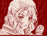  abazu-red dated girls_und_panzer kay_(girls_und_panzer) looking_at_viewer monochrome open_mouth rain raincoat red solo tegaki tegaki_draw_and_tweet twitter_username wet 