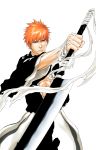  absurdres bandages black_kimono bleach bleachist brown_eyes hair_between_eyes highres holding holding_sword holding_weapon japanese_clothes kimono kurosaki_ichigo male_focus official_style orange_hair solo spiked_hair standing sword torn_clothes torn_kimono weapon 