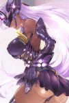 ass bare_shoulders black_legwear black_leotard breasts commentary_request covered_nipples dark_skin elbow_gloves forehead_protector from_behind gloves glowing headgear hijiri large_breasts lavender_hair leotard lips long_hair looking_at_viewer parted_lips shiny shiny_clothes shiny_hair shiny_skin skirt solo standing t-elos t-elos_re teeth thighhighs xenoblade_(series) xenoblade_2 xenosaga xenosaga_episode_iii 