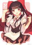  :d alternate_costume apron bangs black_hair blush bow breasts clipboard collar commentary detached_collar eyebrows_visible_through_hair frills hair_tubes hakurei_reimu highres holding holding_clipboard holding_pen long_hair nenobi_(nenorium) open_mouth pen puffy_short_sleeves puffy_sleeves red_bow red_eyes short_sleeves simple_background skirt smile solo thighhighs touhou twitter_username vest waist_apron waitress white_legwear 