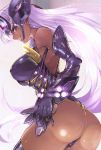  ass bare_shoulders black_legwear black_leotard breasts commentary_request covered_nipples dark_skin elbow_gloves from_behind gloves glowing headgear hijiri large_breasts lavender_hair leotard lips long_hair looking_at_viewer looking_back parted_lips shiny shiny_clothes shiny_hair shiny_skin solo standing t-elos t-elos_re teeth thighhighs thong_leotard xenoblade_(series) xenoblade_2 xenosaga xenosaga_episode_iii 