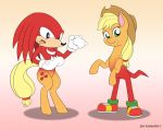  anthro applejack_(mlp) biped blonde_hair body_swap bottom_swap crossover cutie_mark digital_media_(artwork) duo earth_pony echidna equine featureless_crotch female feral freckles friendship_is_magic fur gradient_background green_eyes hair hat hedgehog horse jen_foxworth knuckles_the_echidna low_res male mammal monotreme mostly_nude my_little_pony on_hind_legs pony purple_eyes quadruped simple_background sonic_(series) transformation watermark what why 