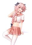  1boy :d androgynous arm_support astolfo_(fate) black_bow bow braid braided_ponytail collarbone crop_top crossdressing fate/apocrypha fate_(series) hair_bow hair_over_shoulder hand_in_hair ittokyu leaning_back long_hair looking_at_viewer midriff miniskirt navel open_mouth pink_hair pink_sailor_collar pink_skirt pleated_skirt purple_eyes sailor_collar school_uniform serafuku shiny shiny_hair shirt short_sleeves single_braid skirt smile solo stomach thighhighs trap very_long_hair white_legwear white_shirt zettai_ryouiki 