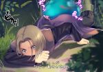  black_shirt blush bob_cut clenched_hands closed_eyes covering_mouth dragon_quest dragon_quest_xi full-face_blush grass green_footwear hero_(dq11) implied_sex long_sleeves male_focus morimiya_(kuroro) outdoors shirt slime_(dragon_quest) surprised top-down_bottom-up tunic 