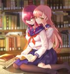  absurdres bespectacled book bookshelf breasts dust_particles fate/grand_order fate_(series) glasses highres holding holding_book hug hug_from_behind long_hair looking_at_viewer loveyi medb_(fate)_(all) medb_(fate/grand_order) medium_breasts multiple_girls no_shoes pink_hair red_eyes reflective_floor scathach_(fate)_(all) scathach_(fate/grand_order) school_uniform sitting skirt smile thighhighs yellow_eyes yuri 