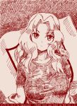  abazu-red breasts cowboy_shot dated emblem eyebrows_visible_through_hair girls_und_panzer jacket_partially_removed kay_(girls_und_panzer) large_breasts long_hair looking_at_viewer monochrome red saunders_(emblem) solo tegaki tegaki_draw_and_tweet twitter_username 