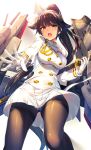  aiguillette akanagi_youto azur_lane bangs black_hair black_legwear blush bow buttons eyebrows_visible_through_hair gloves hair_bow hair_flaps hair_ribbon highres holding holding_sword holding_weapon jacket katana long_hair looking_at_viewer machinery military military_uniform naval_uniform open_mouth orange_eyes outstretched_hand pantyhose pleated_skirt ponytail ribbon sidelocks simple_background skirt solo sword takao_(azur_lane) turret uniform weapon white_background white_gloves white_jacket white_skirt 