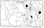  2015 anthro avian balloon big_butt bird black_and_white butt canine chica_(fnaf) chicken digital_drawing_(artwork) digital_media_(artwork) duo english_text female five_nights_at_freddy&#039;s fox foxy_(fnaf) huge_butt huge_hips jaeh line_art male mammal monochrome spanking text thick_thighs video_games voluptuous wide_hips 