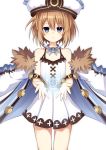  bare_shoulders blanc blue_eyes blush brown_hair coat dress fur_trim hair_between_eyes hat highres looking_at_viewer neptune_(series) open_mouth power_symbol short_hair simple_background solo spaghetti_strap white_background white_dress zero_(ray_0805) 