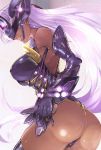  ass bare_shoulders black_legwear black_leotard breasts commentary_request covered_nipples dark_skin elbow_gloves forehead_protector from_behind gloves glowing headgear hijiri large_breasts lavender_hair leotard lips long_hair looking_at_viewer parted_lips shiny shiny_clothes shiny_hair shiny_skin solo standing t-elos t-elos_re teeth thighhighs thong_leotard xenoblade_(series) xenoblade_2 xenosaga xenosaga_episode_iii 