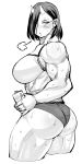  ass breasts drink earrings elf-san_wa_yaserarenai. from_behind greyscale hair_over_one_eye highres hot jewelry large_breasts looking_at_viewer looking_back monochrome muscle oga-san oni oni_horns pointy_ears short_hair solo sweat synecdoche thick_thighs thighs 