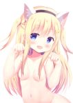  :d animal_ears areola_slip areolae bangs black_hairband blonde_hair blue_eyes blush breasts cat_ears cat_girl cat_tail collarbone eyebrows_visible_through_hair fake_animal_ears fang hair_between_eyes hair_censor hair_ornament hair_over_breasts hairband hairclip hands_up highres kittipat_jituatakul long_hair medium_breasts nude open_mouth original paw_pose simple_background smile solo tail two_side_up very_long_hair white_background 