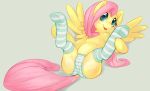  blue_eyes blush camel_toe clothing equine feathered_wings feathers female feral fluttershy_(mlp) friendship_is_magic fur hair happy legwear long_hair lying mammal my_little_pony on_back panties pegasus pink_hair radioscope simple_background socks solo spread_legs spreading underwear wings yellow_feathers yellow_fur 