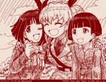  3girls :d ^_^ abazu-red anchovy_(girls_und_panzer) anzio_military_uniform black_hair blunt_bangs closed_eyes commentary_request dated girls_und_panzer gotou_moyoko hair_ribbon hands_on_another's_shoulders konparu_nozomi monochrome multiple_girls necktie one_eye_closed ooarai_military_uniform open_mouth red_theme ribbon short_hair smile tegaki_draw_and_tweet twitter_username 