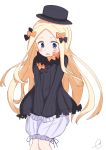  abigail_williams_(fate/grand_order) bangs black_bow black_dress black_hat blonde_hair bloomers blue_eyes blush bow bug butterfly commentary_request dress eyebrows_visible_through_hair fate/grand_order fate_(series) forehead hair_bow hat highres insect kujou_karasuma long_hair long_sleeves open_mouth orange_bow parted_bangs polka_dot polka_dot_bow signature simple_background sleeves_past_fingers sleeves_past_wrists solo underwear very_long_hair white_background white_bloomers 