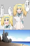  @_@ beach blonde_hair blue_eyes casual comic commentary day gambier_bay_(kantai_collection) headband highres kantai_collection map messy_hair nishira_(nishira1) open_mouth orz parody planet_of_the_apes sky statue_of_liberty translated twintails 