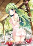  =_= animal ass bare_arms bare_shoulders blue_eyes blush breasts bush commentary_request covered_nipples cowboy_shot dutch_angle eyebrows_visible_through_hair flower frog_hair_ornament green_hair hair_ornament kochiya_sanae large_breasts long_hair looking_at_viewer looking_back miyase_mahiro naked_towel onsen parted_lips petals plant red_flower rock snake solo standing steam touhou towel tree water white_snake 