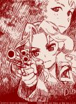  abazu-red alternate_costume dated freckles girls_und_panzer gun handgun kay_(girls_und_panzer) long_hair monochrome multiple_girls naomi_(girls_und_panzer) red revolver short_hair tegaki tegaki_draw_and_tweet twitter_username weapon 