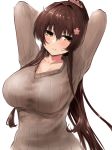  arms_up bad_id bad_pixiv_id bangs blush breasts brown_eyes brown_hair cherry_blossoms collarbone eyebrows_visible_through_hair flower hair_between_eyes hair_flower hair_ornament kantai_collection large_breasts long_hair long_sleeves miyako_(miyako_lplover) ponytail ribbed_sweater simple_background solo sweater very_long_hair white_background yamato_(kantai_collection) 
