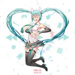  2018 blue_hair blush boots breasts closed_eyes dated detached_sleeves eyebrows_visible_through_hair floating_hair full_body geduan grey_footwear grey_skirt hair_between_eyes hatsune_miku heart heart_hair heart_hands high_heel_boots high_heels highres long_hair miniskirt necktie number open_mouth pleated_skirt shirt simple_background skirt sleeveless sleeveless_shirt small_breasts smile solo tattoo thank_you thigh_boots thighhighs twintails very_long_hair vocaloid white_background white_shirt zettai_ryouiki 
